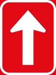 red rectangular one-way road sign with white directional arrow.
